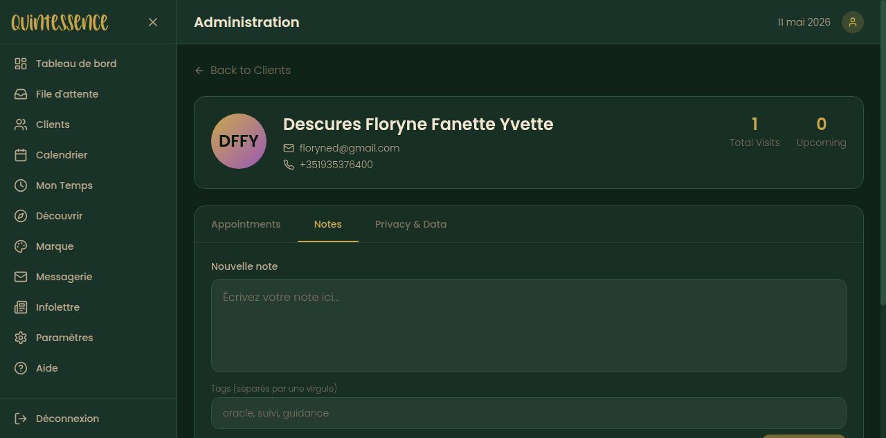 Fiche client avec onglet Notes